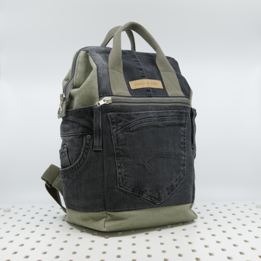 Unikat: handgemachter Heim & Fein Rucksack aus grauem Jeansstoff